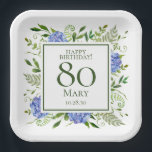 80th Birthday Blue Hydrangeas Papieren Bordje<br><div class="desc">Deze blauwe hortensia 80e verjaardagsfeestje / brunch 9" vierkante papieren borden zijn grillig en verbluffend! Met hun waterverf meerkleurige blauwe hortensia's, wispy natuurlijk groen zijn ze perfect voor het vieren van je vrouw, moeder, zus, tante, vriend, grootmoeder. Door deze sjabloon te selecteren en uw gegevens in te typen, kunt u...</div>