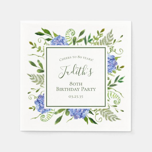 80th Birthday Blue Hydrangeas Servet (Voorkant)