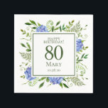 80th Birthday Blue Hydrangeas Servet<br><div class="desc">Deze 80e verjaardag blauwe hortensia's party / brunch cocktail servetten zijn grillig en prachtig! Met hun waterverf veelkleurige blauwe hortensia's, kruidig natuurlijk groen zijn ze ideaal voor het vieren van je vrouw, moeder, zus, tante, vriend, oma, overgrootmoeder. Door deze sjabloon aan te passen en uw gegevens in te typen, ziet...</div>