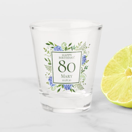 80th Birthday Blue Hydrangeas Shot Glas (Voorkant)