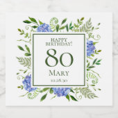 80th Birthday Blue Hydrangeas Sparkling Wijnetiket (Enkel label)