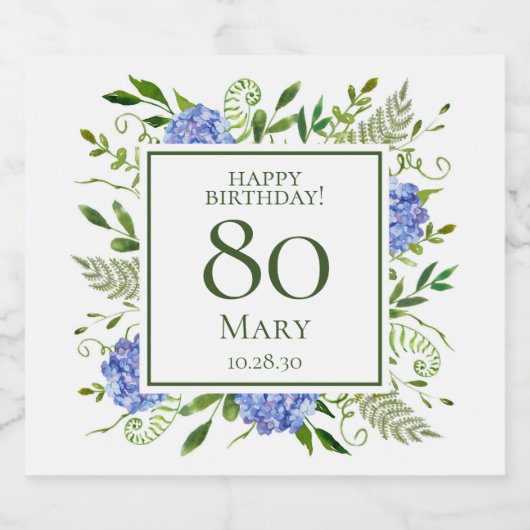 80th Birthday Blue Hydrangeas Sparkling Wijnetiket (Enkel label)