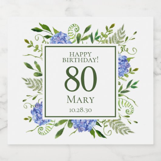 80th Birthday Blue Hydrangeas Sparkling Wijnetiket (Enkel label)