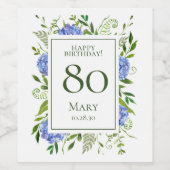 80th Birthday Blue Hydrangeas Wijn Etiket (Enkel label)