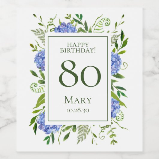 80th Birthday Blue Hydrangeas Wijn Etiket (Enkel label)