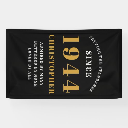 80th Birthday Born 1944 Naam toevoegen Zwart Goud Spandoek (Horizontaal)