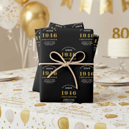 80th Birthday born 1946 Add Name Black Gold Inpakpapier Vel