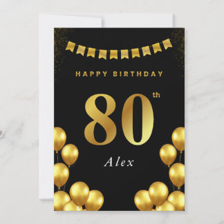80th Birthday Card Black and Gold Balloons Kaart