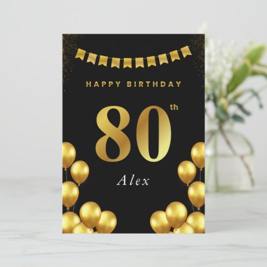 80th Birthday Card Black and Gold Balloons Kaart (Staand voorkant)