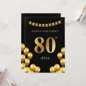 80th Birthday Card Black and Gold Balloons Kaart (Voorkant / Achterkant in situ)
