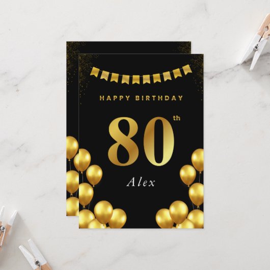 80th Birthday Card Black and Gold Balloons Kaart (Voorkant / Achterkant in situ)