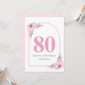 80th Birthday Card For Women Pink Flower Kaart (Voorkant / Achterkant in situ)