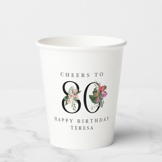 80th Birthday Cheers with Name Tropical Floral Papieren Bekers (Achterkant)