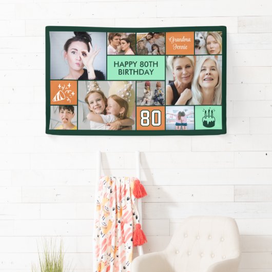 80th Birthday Custom Photo Collage Green Orange Spandoek (Insitu)