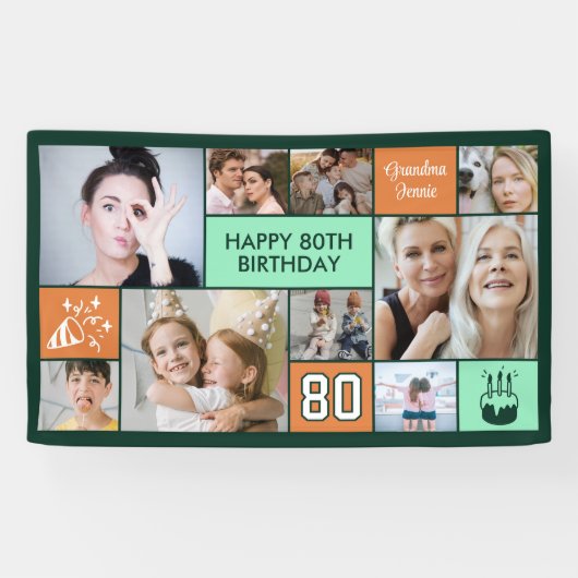 80th Birthday Custom Photo Collage Green Orange Spandoek (Horizontaal)