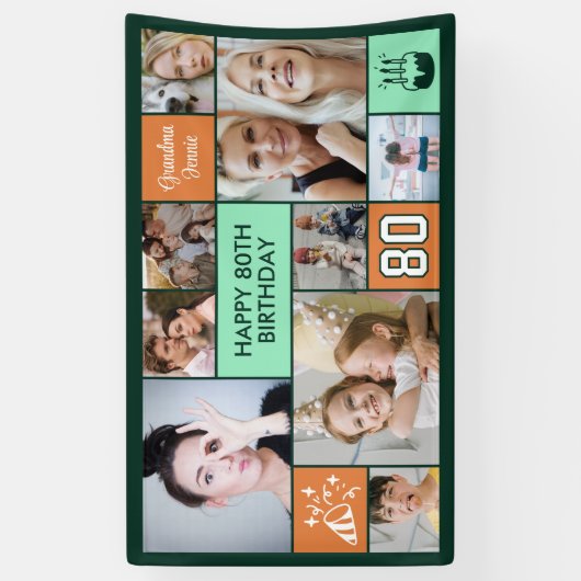 80th Birthday Custom Photo Collage Green Orange Spandoek (Verticaal)