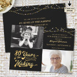 80th Birthday Dan & nu Foto's Koord lichten Kaart<br><div class="desc">Nodig uw gasten met deze 80e verjaardagsuitnodiging in zwart-wit en goud met koordlichten uit met een retro typografie die 80 JAAR in de MAKING verklaart die hun geboortejaar binnen het ontwerp integreert. Omvat DAN en NU foto's voor een gedenkwaardige uitnodiging. De de uitnodigingsdetails van de partij zijn op de achterkant....</div>