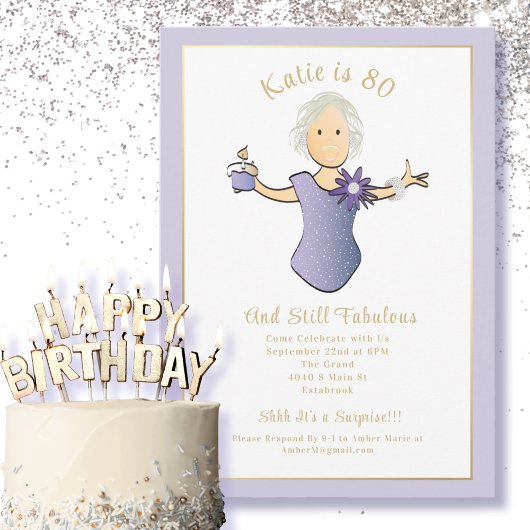 80th Birthday Elegant Blue Gold Cartoon Fab 80  Kaart