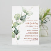 80th Birthday Eucalyptus Script Party Folie Uitnodiging (Staand Voorkant)