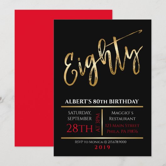80th Birthday Gold Black Party Invitation Kaart (Voorkant / Achterkant)