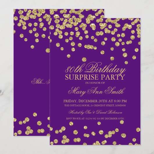 80th Birthday Gold Glitter Purple-verrassingen Kaart (Voorkant / Achterkant)