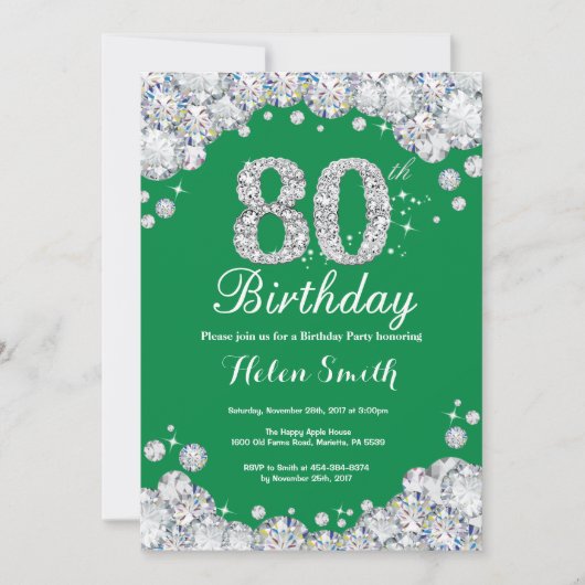 80th Birthday Green en Silver Diamond Kaart (Voorkant)