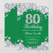 80th Birthday Green en Silver Diamond Kaart (Voorkant / Achterkant)