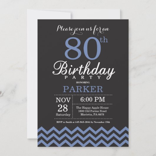 80th Birthday Invitation Black and Blue Kaart (Voorkant)
