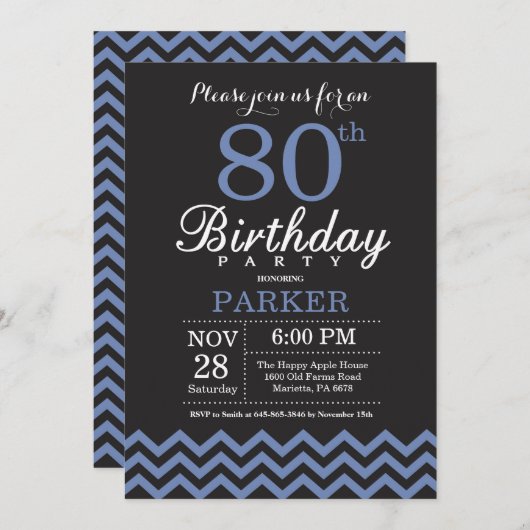 80th Birthday Invitation Black and Blue Kaart (Voorkant / Achterkant)