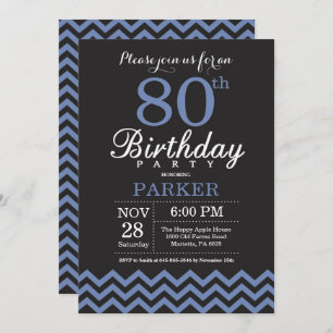80th Birthday Invitation Black and Blue Kaart