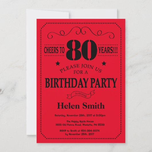 80th Birthday Invitation Black and Red Kaart (Voorkant)