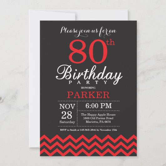 80th Birthday Invitation Black and Red Kaart (Voorkant)