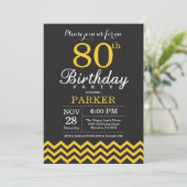 80th Birthday Invitation Black and Yellow Chevron Kaart (Staand voorkant)