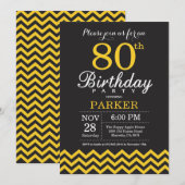 80th Birthday Invitation Black and Yellow Chevron Kaart (Voorkant / Achterkant)