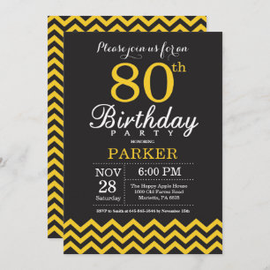 80th Birthday Invitation Black and Yellow Chevron Kaart