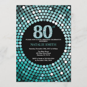 80th Birthday Invitation Black en Blauwgroen Glitt Kaart