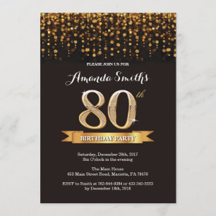 80th Birthday Invitation Black en Gold Glitter Kaart