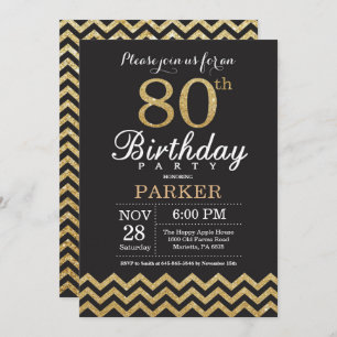 80th Birthday Invitation Black en Gold Glitter Kaart