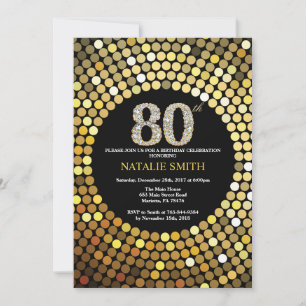 80th Birthday Invitation Black en Gold Glitter Kaart