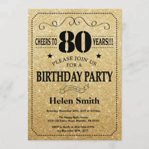 80th Birthday Invitation Black en Gold Glitter Kaart