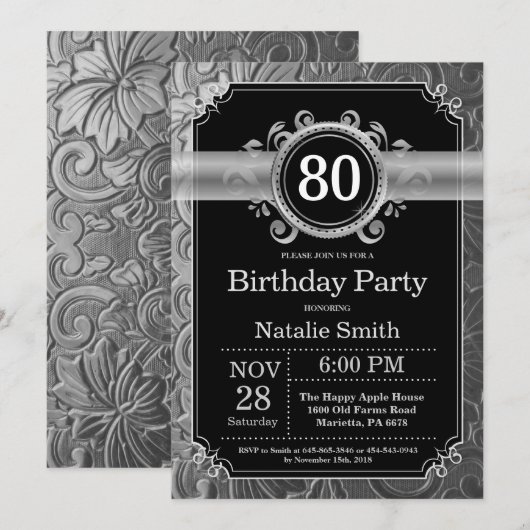 80th Birthday Invitation Black en Silver Glitter Kaart (Voorkant / Achterkant)