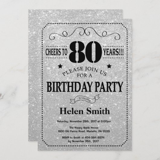 80th Birthday Invitation Black en Silver Glitter Kaart (Voorkant / Achterkant)