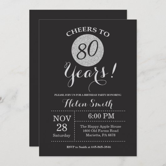 80th Birthday Invitation Black en Silver Glitter Kaart (Voorkant / Achterkant)