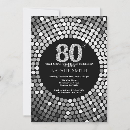 80th Birthday Invitation Black en Silver Glitter Kaart (Voorkant)