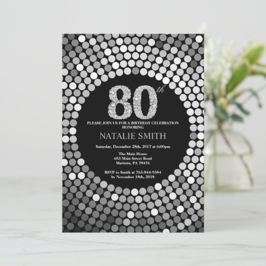 80th Birthday Invitation Black en Silver Glitter Kaart (Staand voorkant)