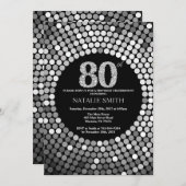 80th Birthday Invitation Black en Silver Glitter Kaart (Voorkant / Achterkant)