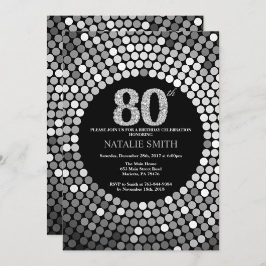 80th Birthday Invitation Black en Silver Glitter Kaart (Voorkant / Achterkant)
