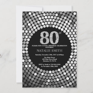 80th Birthday Invitation Black en Silver Glitter Kaart