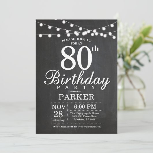 80th Birthday Invitation Chalkboard String Lights Kaart (Staand voorkant)