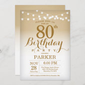 80th Birthday Invitation Gold String Lights Kaart (Voorkant / Achterkant)